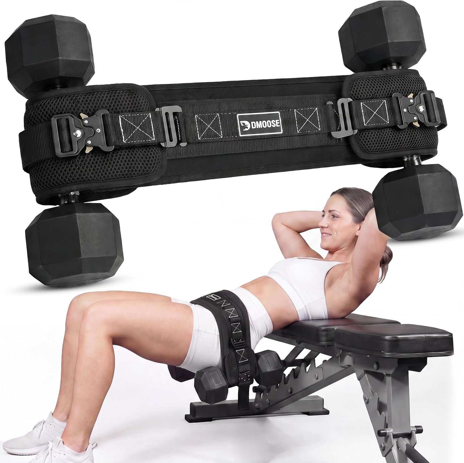 DMoose Fitness Hip Thrust Belt – Dual-Strap Glute Builder for Dumbbells, Plates, Kettlebells (Supports up to 700 lbs) – Comfortable Padded Booty Belt for Home & Gym