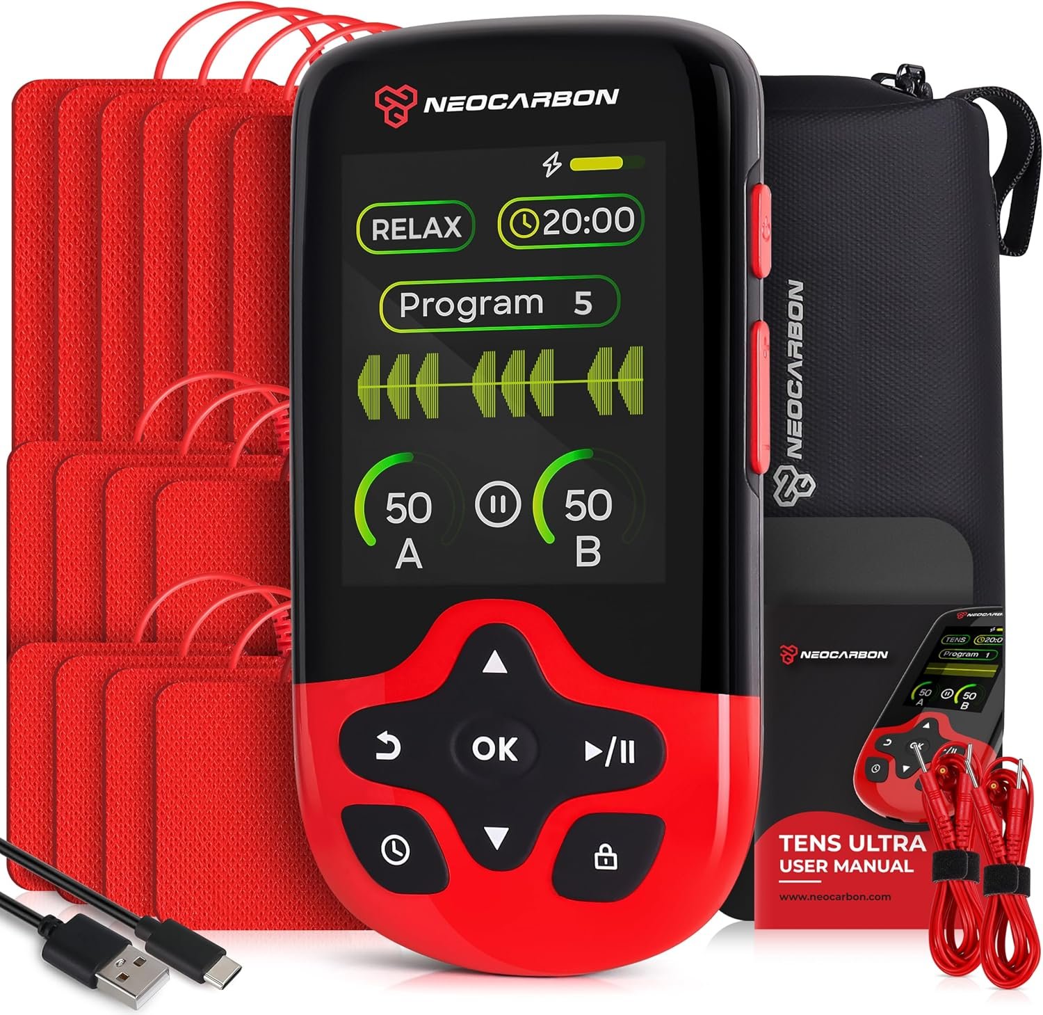 NEOCARBON TENS Unit Muscle Stimulator Ultra for Pain Relief, Red