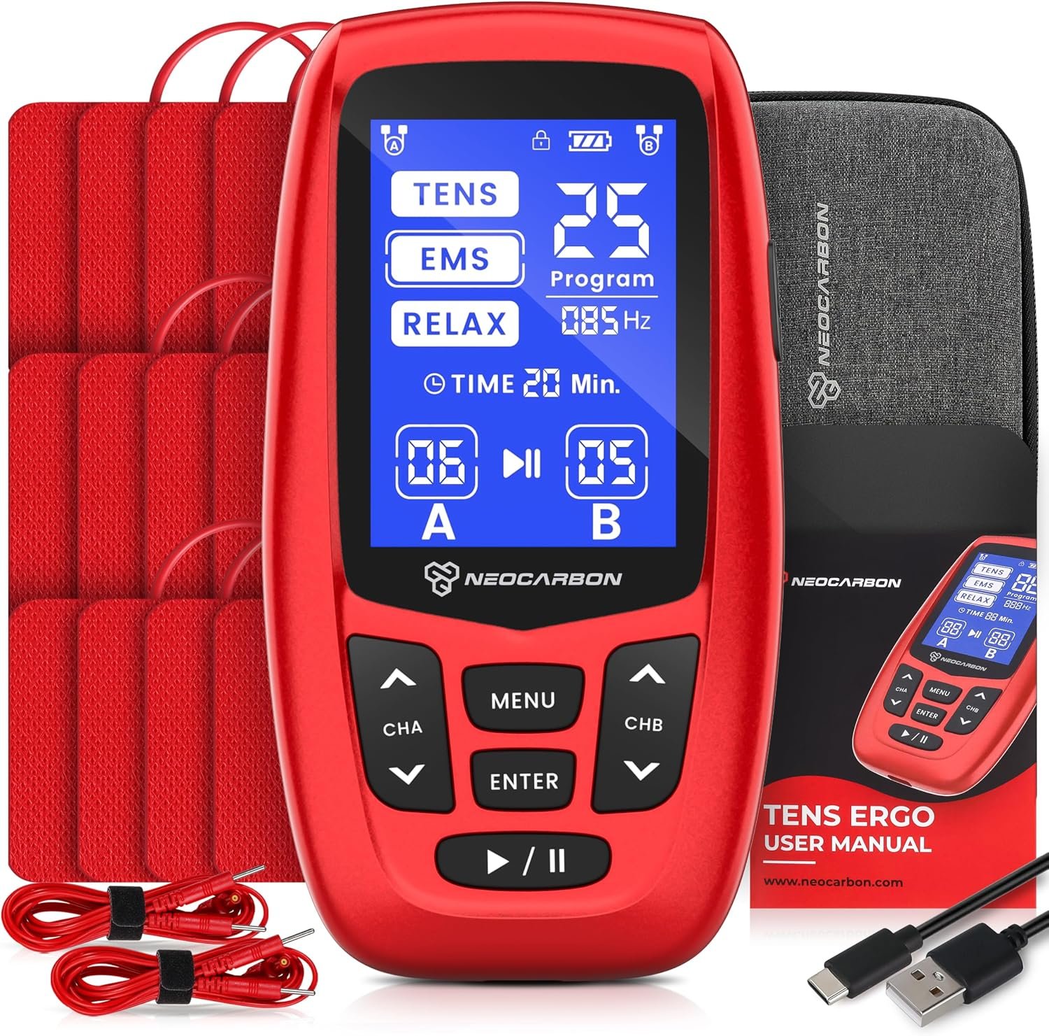 NEOCARBON TENS Unit Muscle Stimulator Ergo Machine for Pain Relief, Red