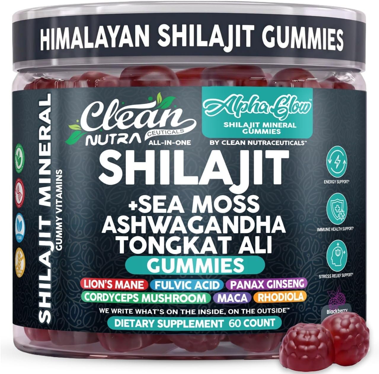 Alpha Glow Shilajit Gummies with Irish Sea Moss Tongkat Ali Ashwagandha Lion’s Mane MACA Panax Ginseng Rhodiola & Cordyceps By Clean Nutra (1)