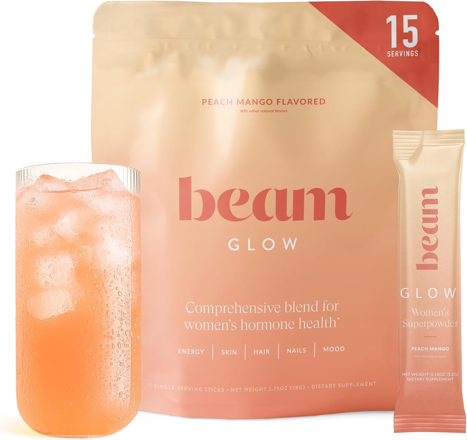 BEAM Glow Daily Wellness Supplement for Women – Ashwagandha, Selenium, Zinc, Vitamin A, Biotin & B Vitamins with Electrolytes, Caffeine-Free Drink Mix, Peach Mango, 15 Servings