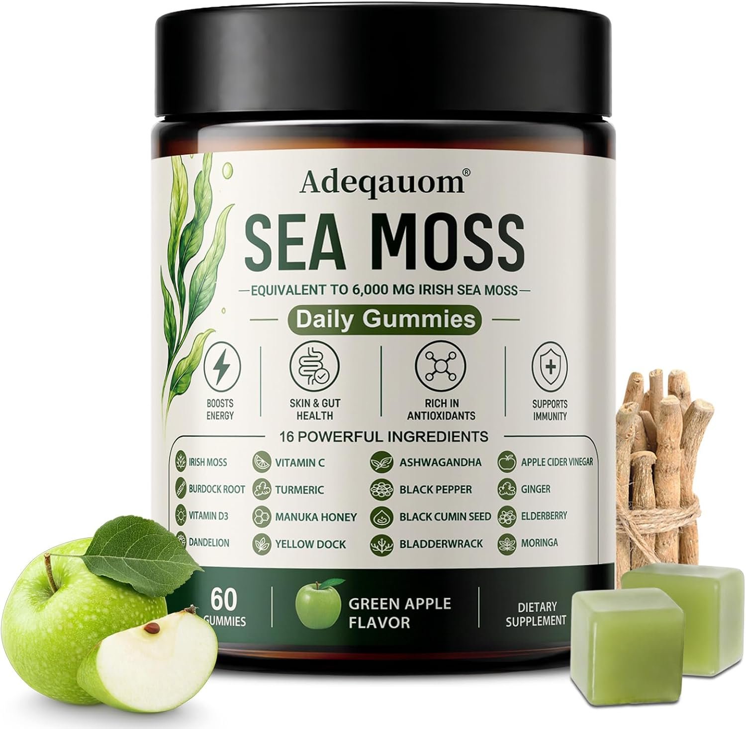 Sea Moss Gummies 16-in-1 for Men & Women Immune, Digestion, Energy, Natural Black Seed Oil Ashwagandha Turmeric Bladderwrack Vitamin C D3 Elderberry Manuka Dandelion Yellow Dock Apple Cider Vinegar