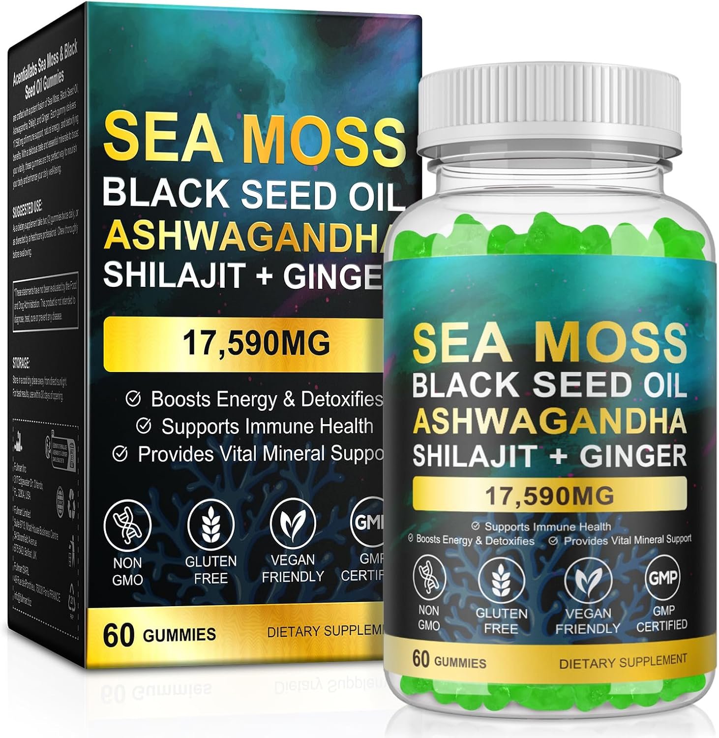 Sea Moss Gummies,with Elderberry Black Seed Oil,Ashwagandha&Ginger,Natural Irish Sea Moss for Immunity & Energy Supplement for Women,Men,Extra Strength,Great Tasting (1 Pack)