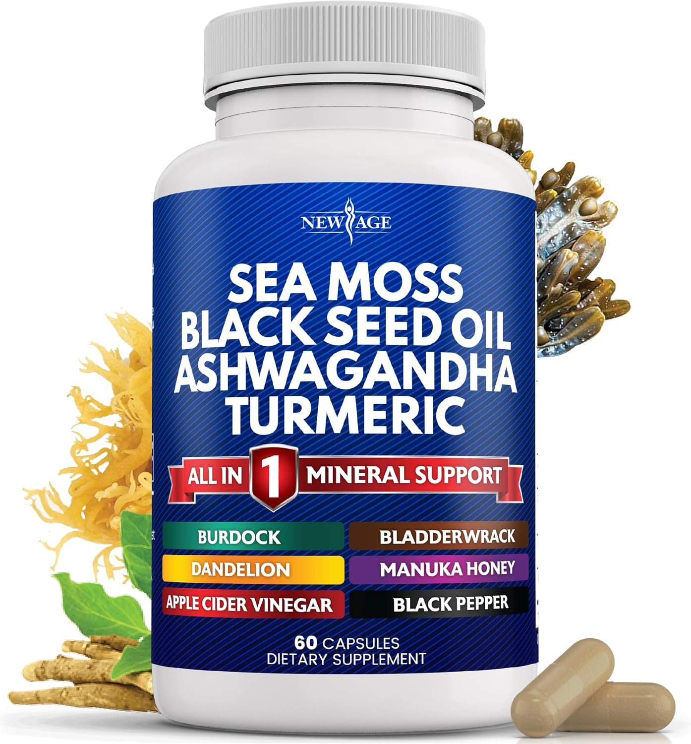 NEW AGE Sea Moss Capsules, Black Seed Oil Ashwagandha Turmeric Bladderwrack Burdock – with Manuka, Honey Dandelion, ACV Black Pepper Gluten Free 60 Count